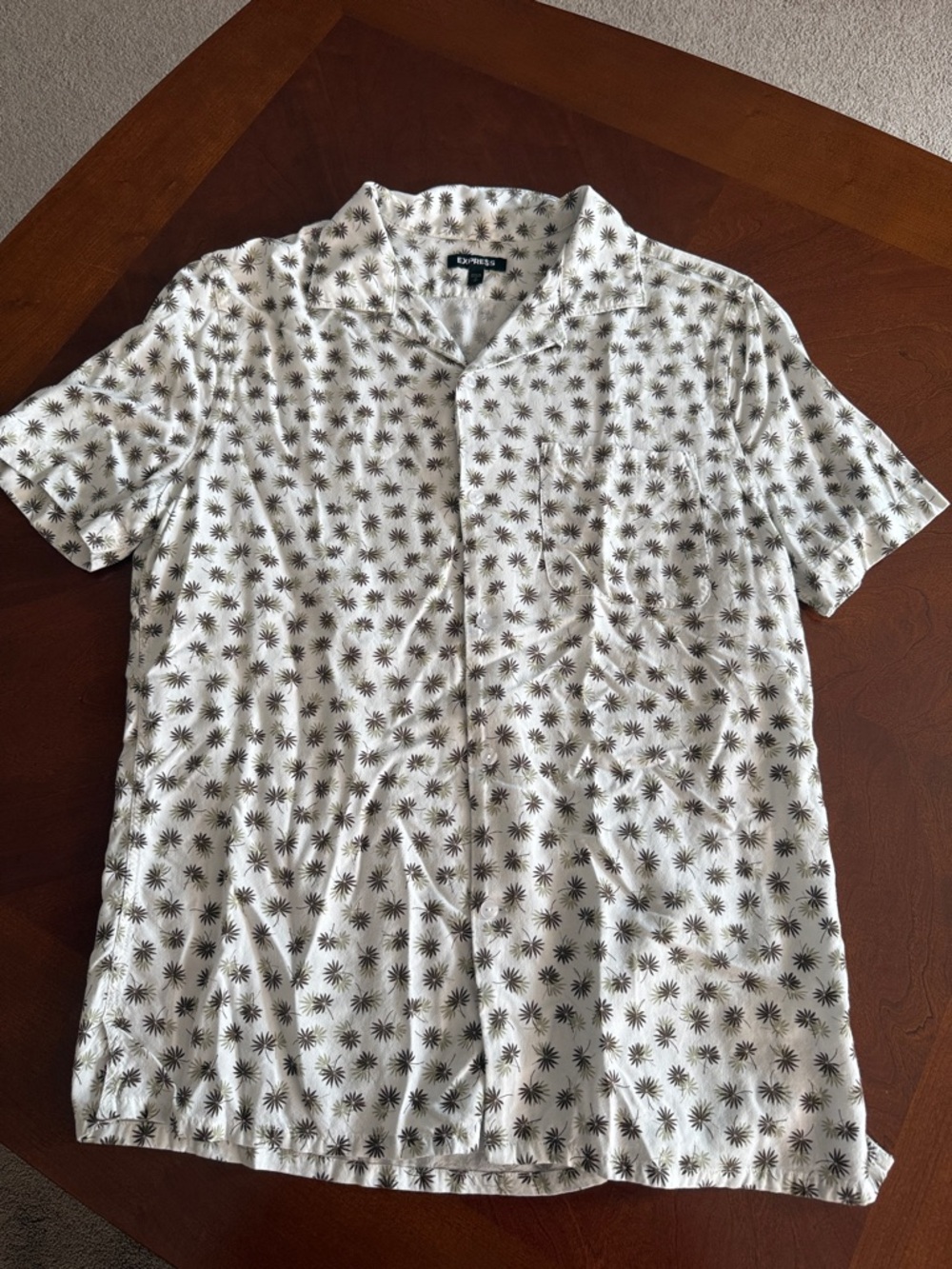 Express White Short-Sleeve Camp Shirt with Black Starburst Print